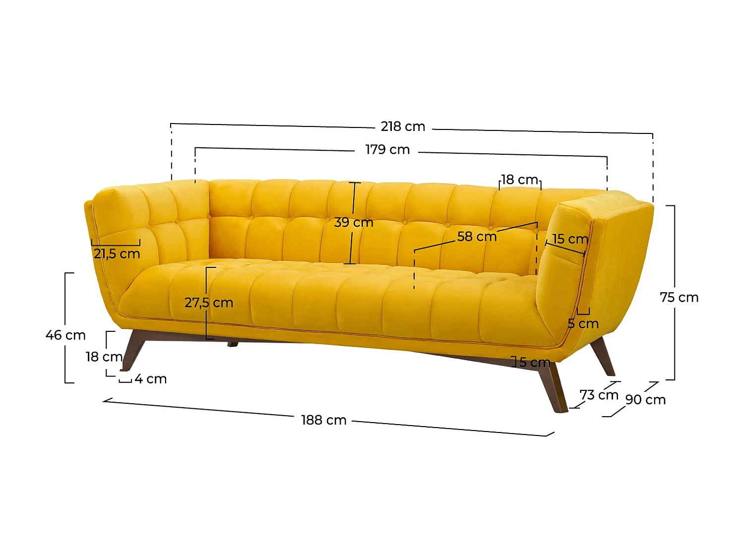 Canapé 3 places en velours jaune - Mona
