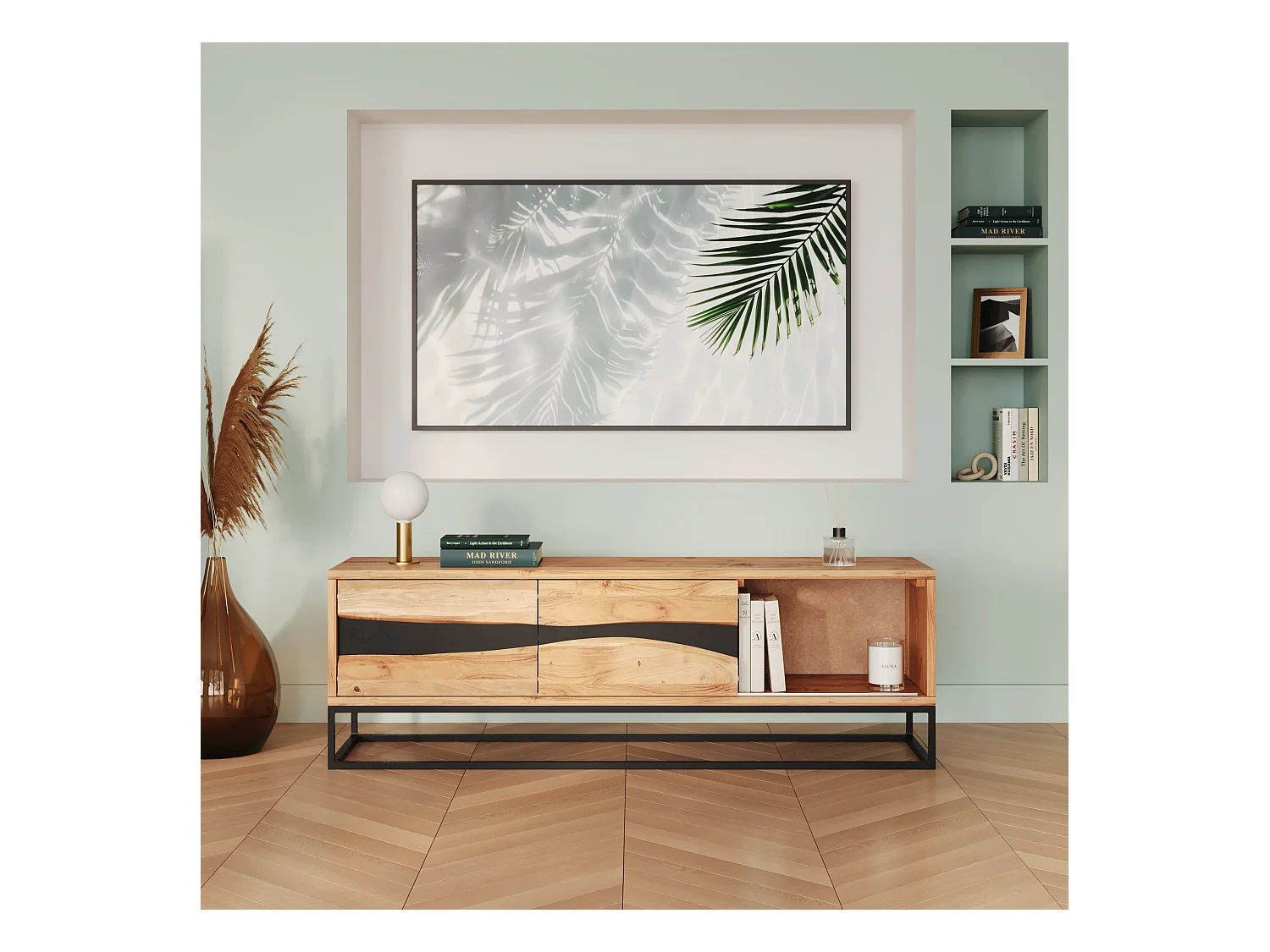 Meuble TV en bois d'acacia massif et métal 140 cm - Alabama