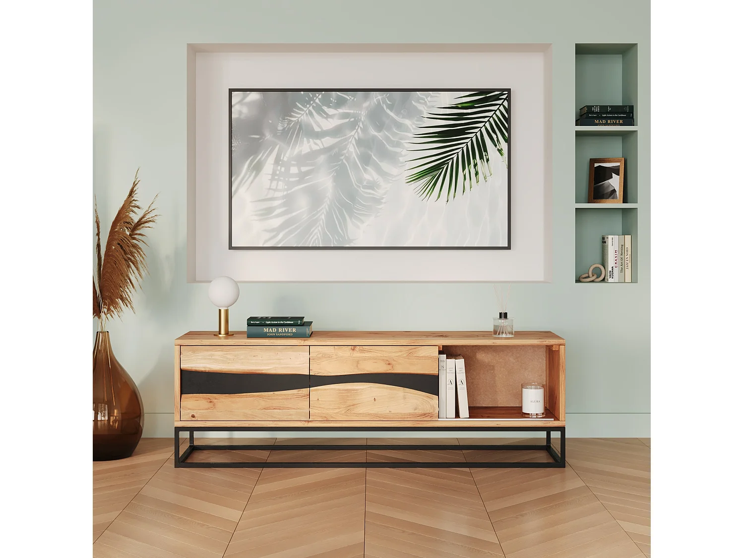 Meuble TV en bois d'acacia massif et métal 140 cm - Alabama