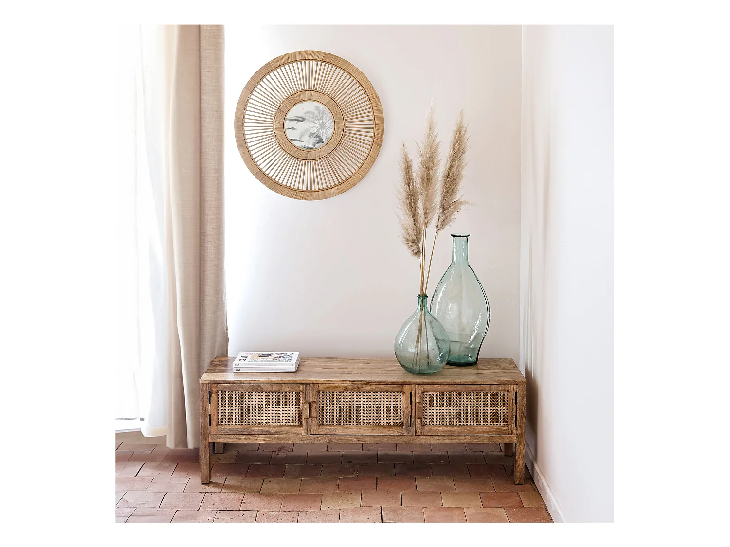 Porta TV a 3 ante in legno e canna - Tiki