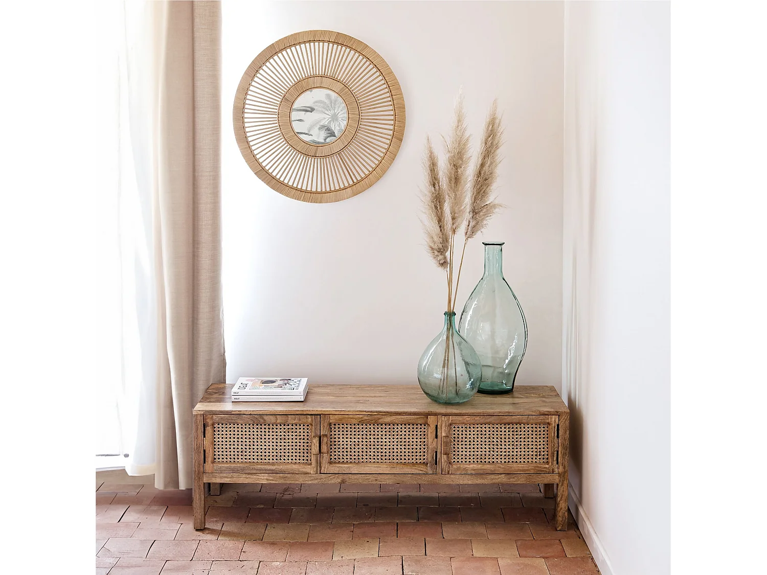 Meuble TV cannage et bois de manguier 140 cm - Tiki