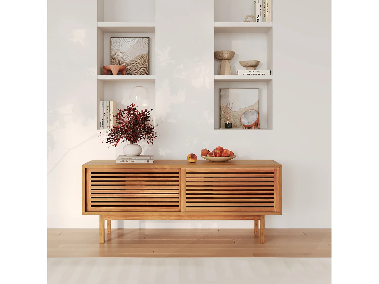 Mueble de TV en madera de teca, 2 puertas correderas - Bormes