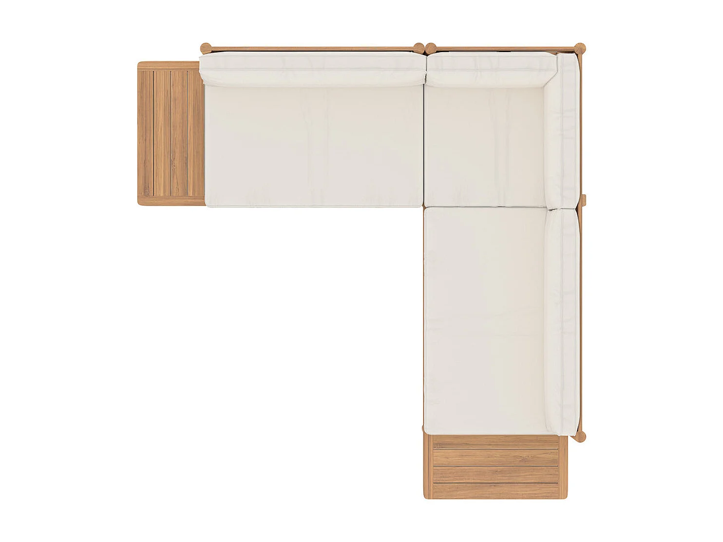 Canapé d'angle de jardin 4 places en teck massif et coussins blancs - Nadila