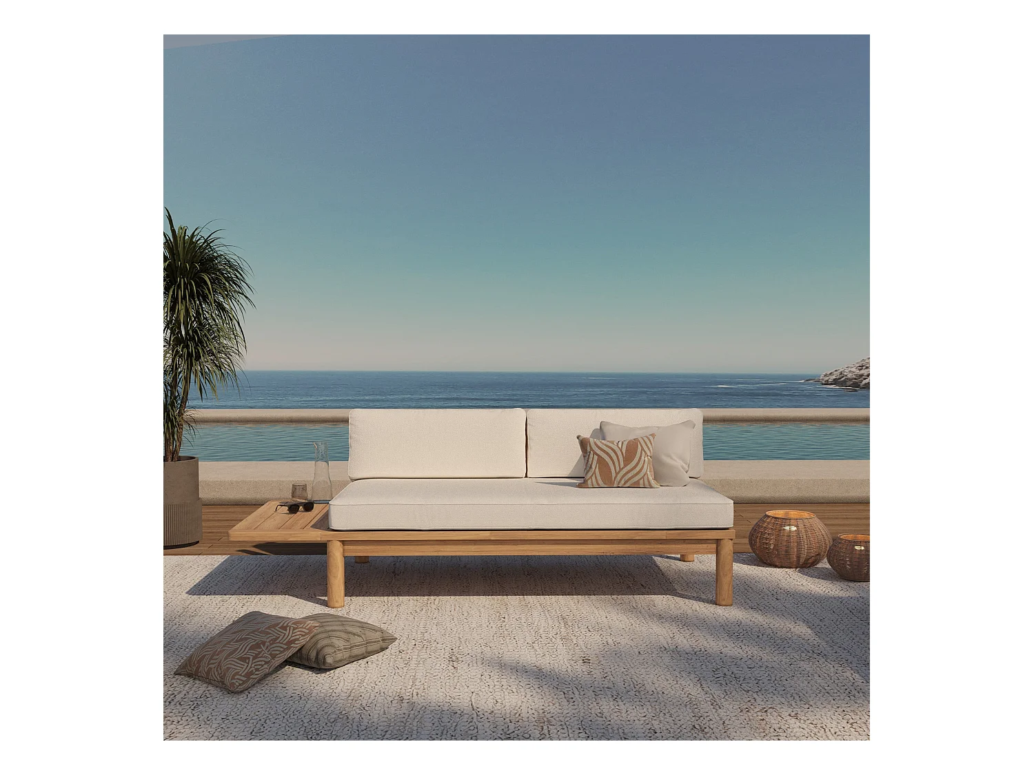 Divano da giardino a 2 posti in legno massiccio di teak e tessuto - Nadila