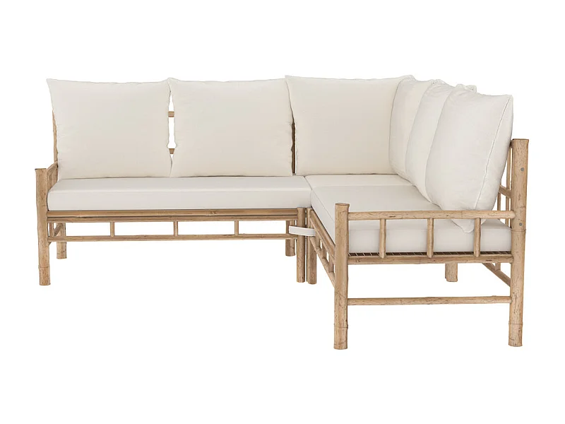 Sofá esquinero de bambú de 4/5 plazas con cojines blancos - Vadella