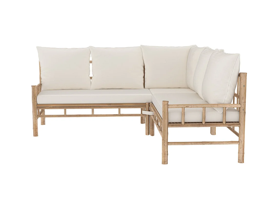 Canapé d'angle de jardin 4/5 places en bambou et coussins blancs - Vadella