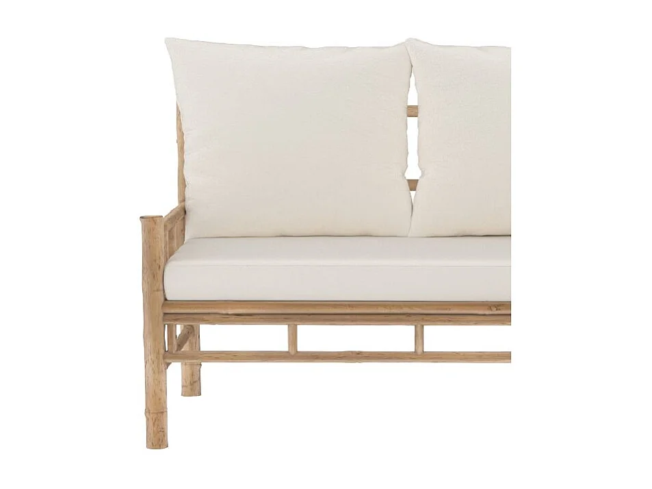 Canapé d'angle de jardin 4/5 places en bambou et coussins blancs - Vadella