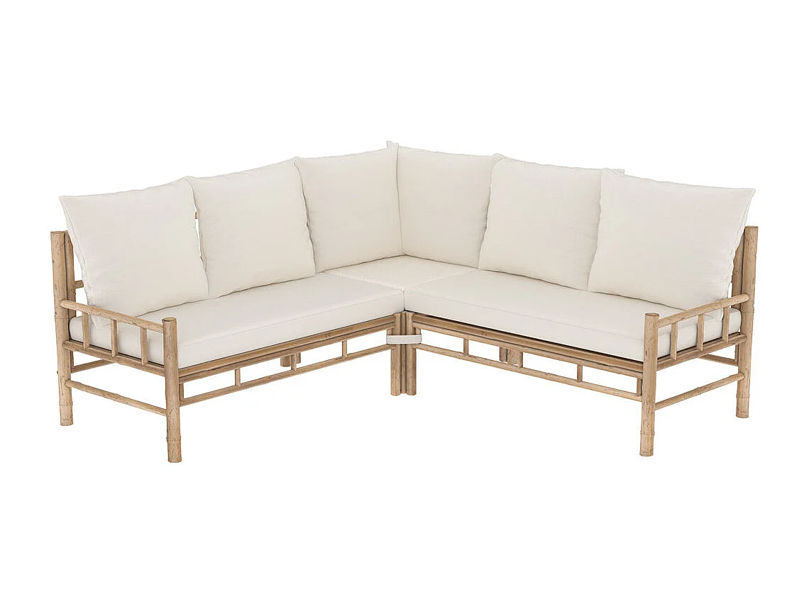 Canapé d'angle de jardin 4/5 places en bambou et coussins blancs - Vadella