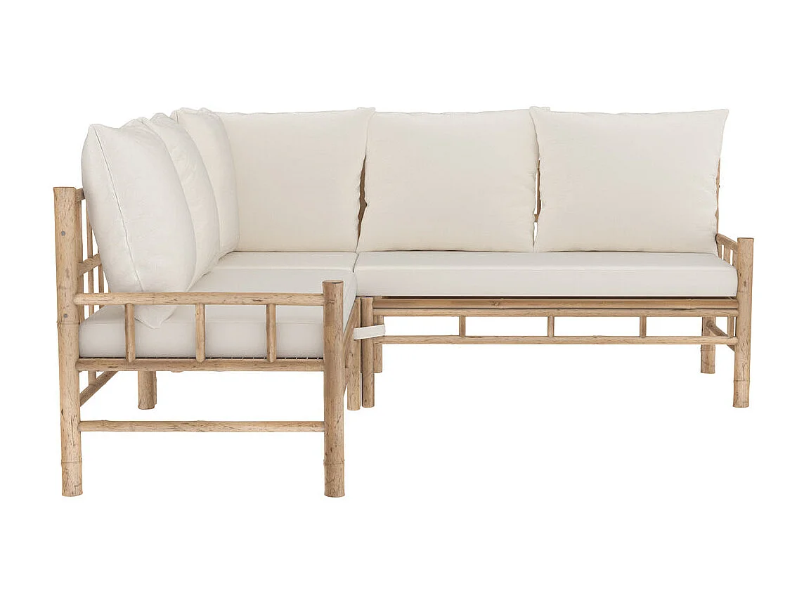 Canapé d'angle de jardin 4/5 places en bambou et coussins blancs - Vadella