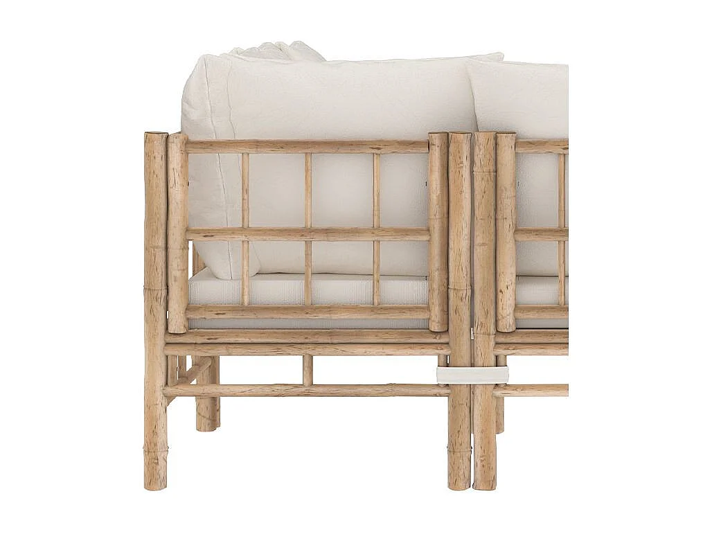 Canapé d'angle de jardin 4/5 places en bambou et coussins blancs - Vadella