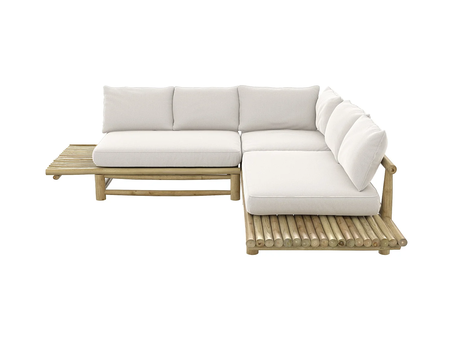 Sofá esquinero de jardín de 4 plazas en teca y cojines blancos - Sunny
