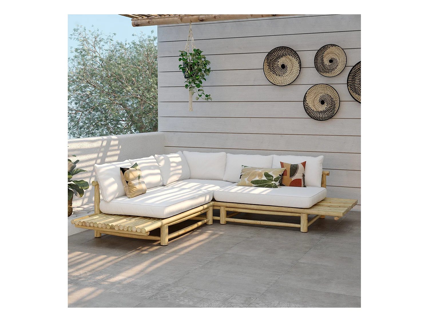 Sofá esquinero de jardín de 4 plazas en teca y cojines blancos - Sunny