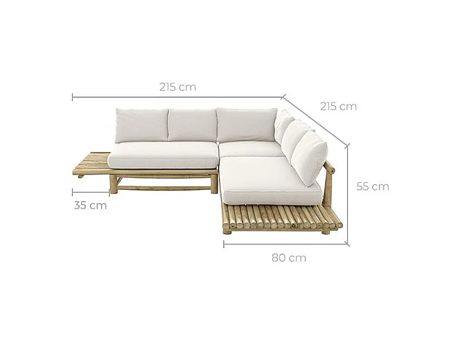 Sofá esquinero de jardín de 4 plazas en teca y cojines blancos - Sunny