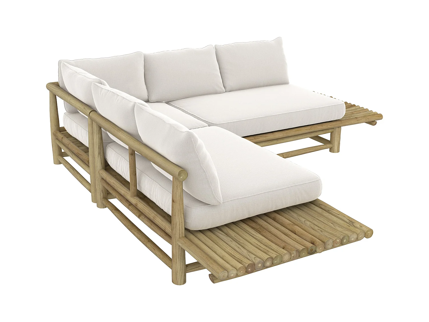 Sofá esquinero de jardín de 4 plazas en teca y cojines blancos - Sunny