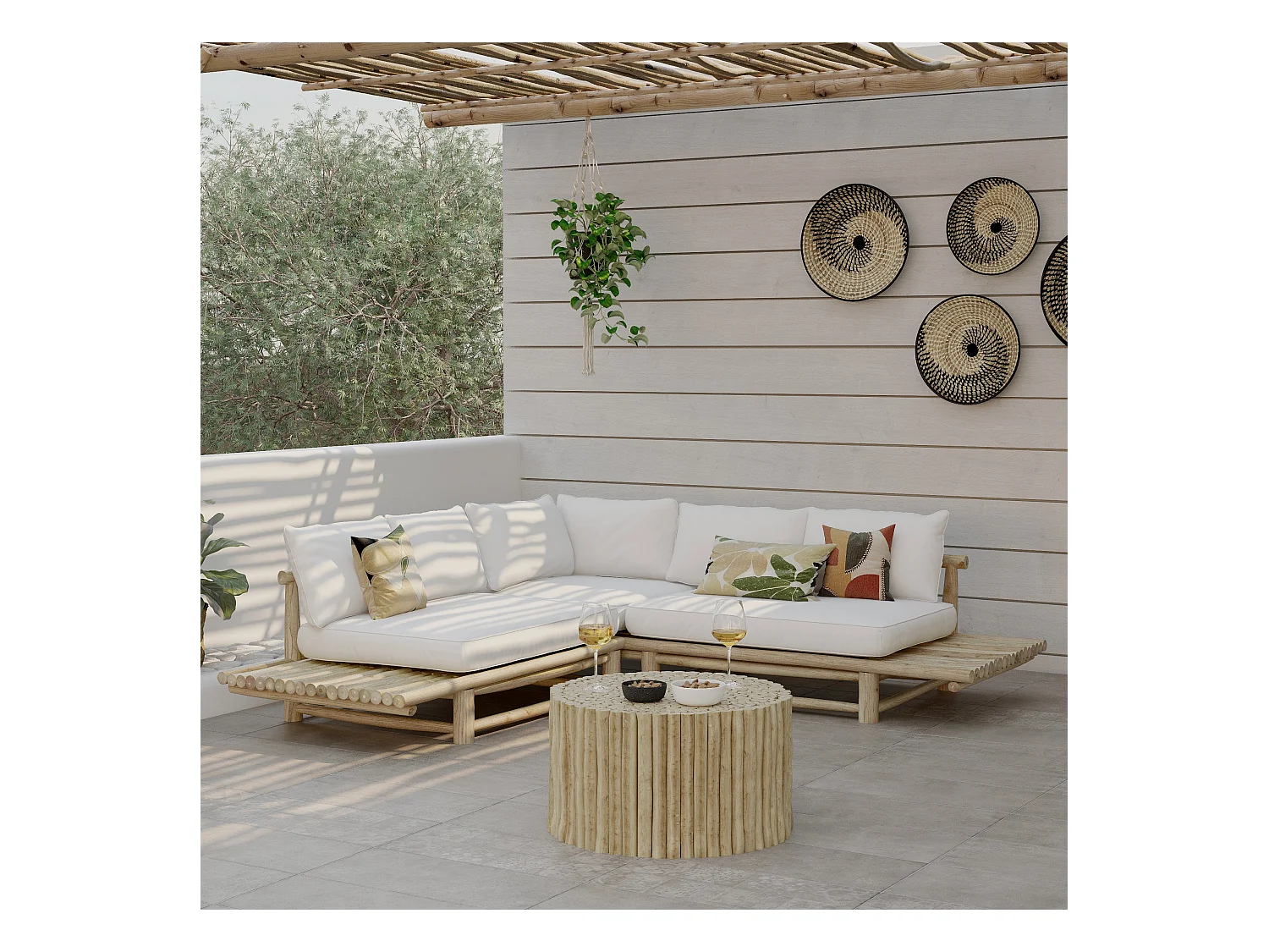 Sofá esquinero de jardín de 4 plazas en teca y cojines blancos - Sunny