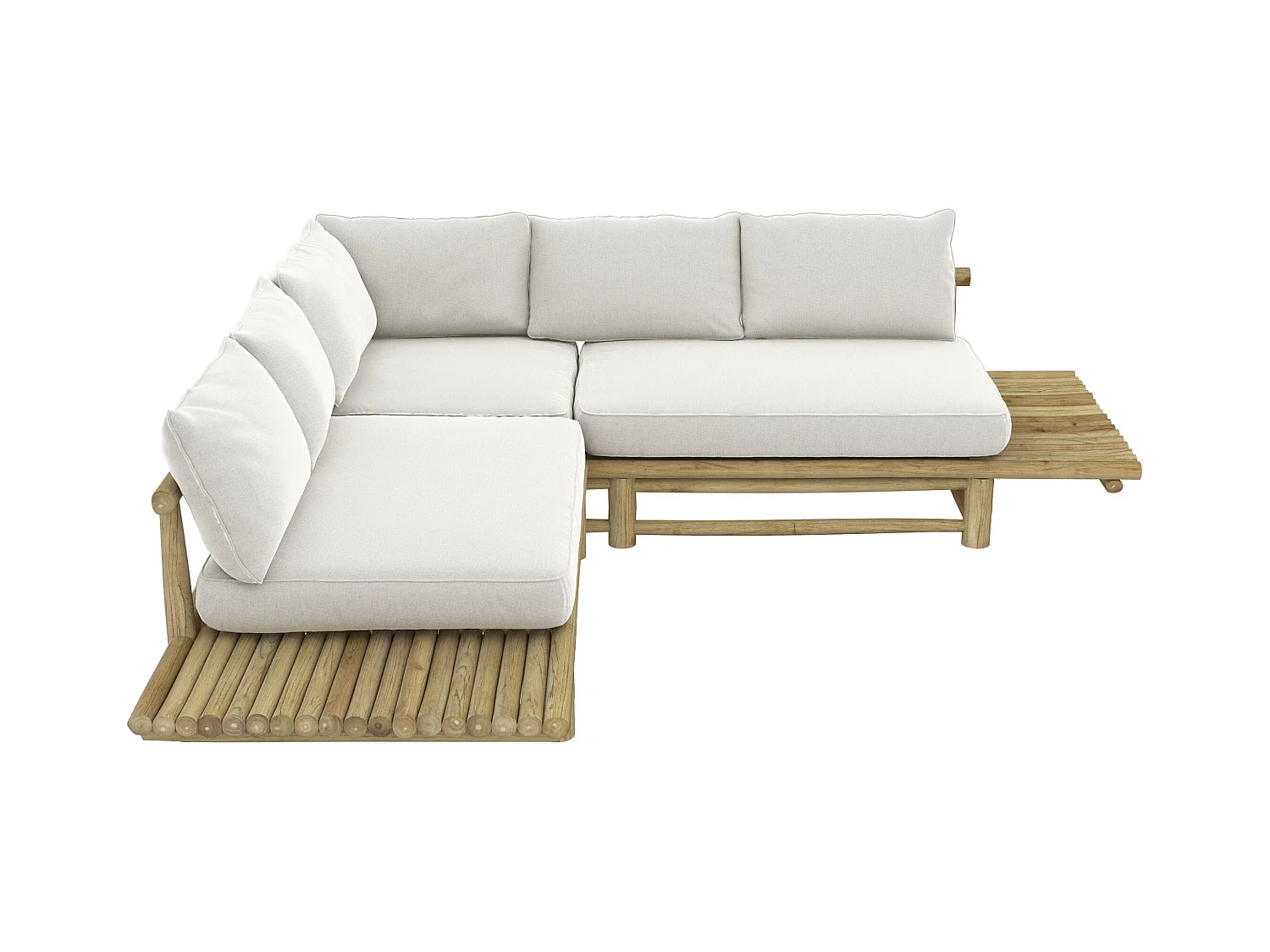 Sofá esquinero de jardín de 4 plazas en teca y cojines blancos - Sunny