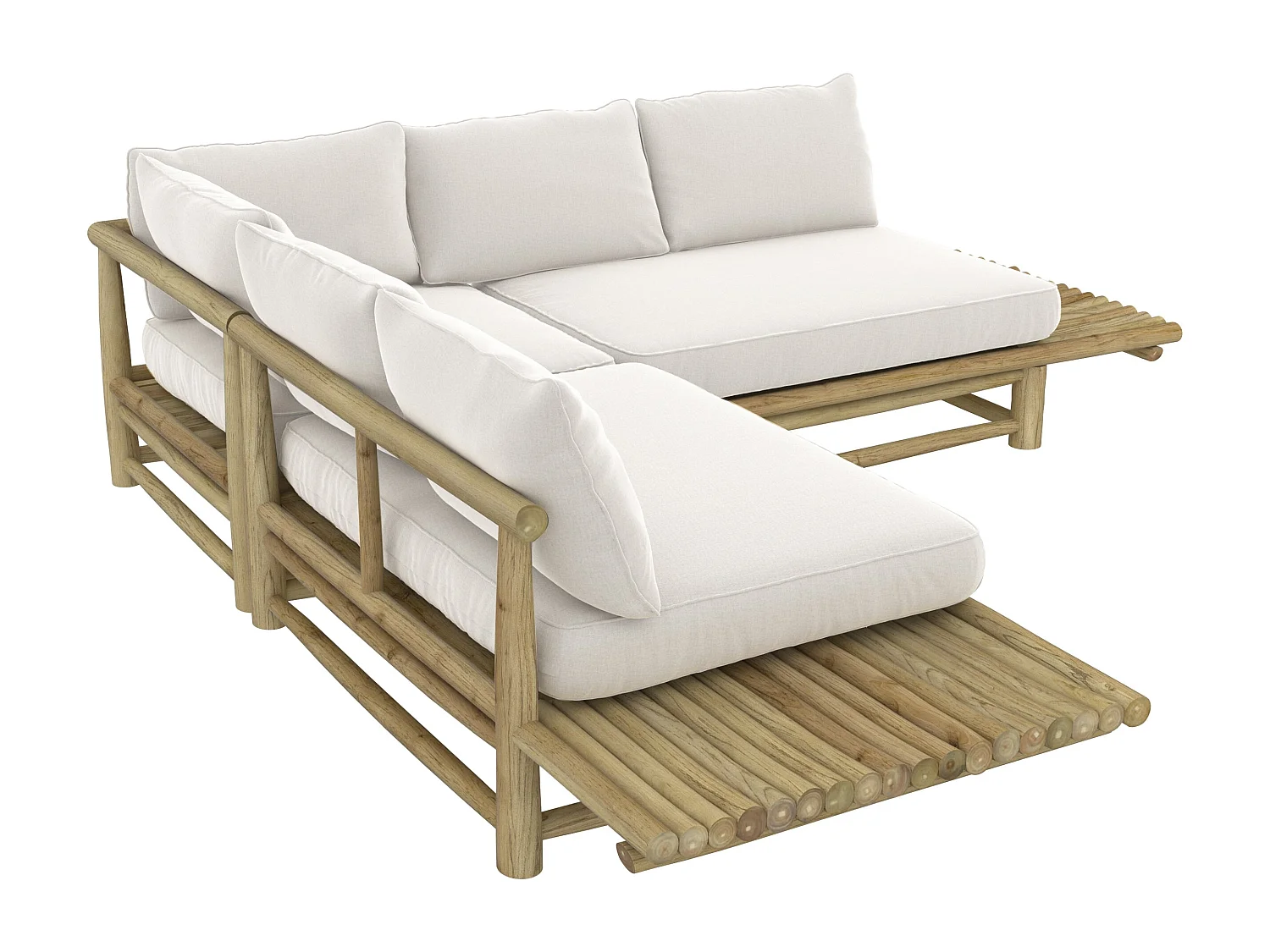 Divano angolare da giardino in teak e cuscini bianchi 4 posti - Sunny