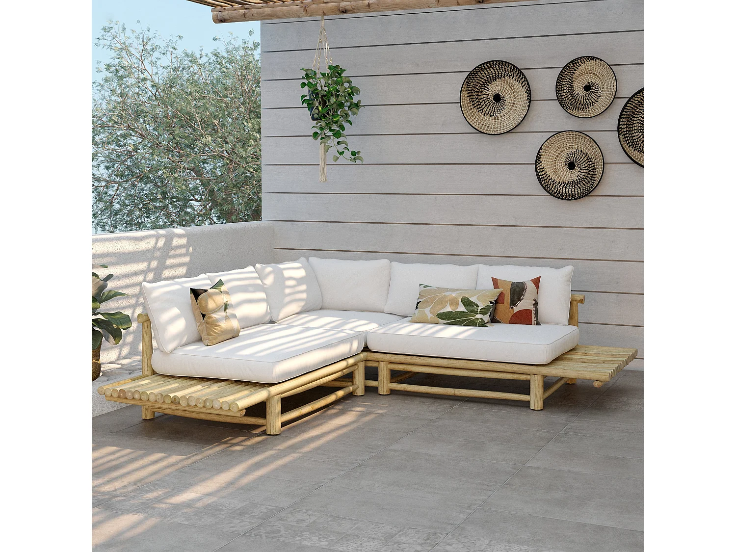 Divano angolare da giardino 4 posti in teak e cuscini bianchi - Sunny