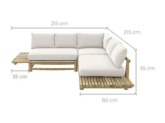 Divano angolare da giardino 4 posti in teak e cuscini bianchi - Sunny