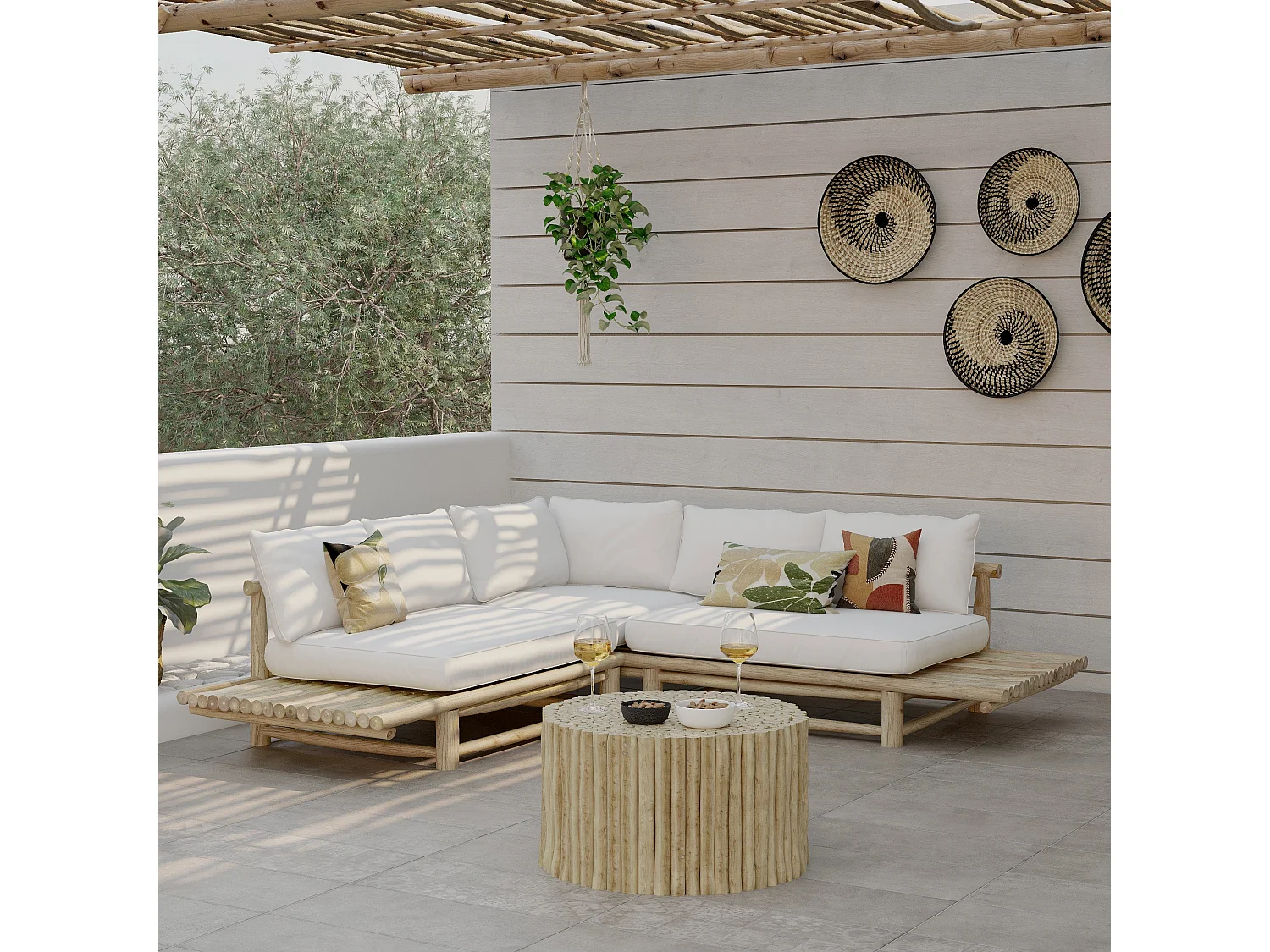 Divano angolare da giardino 4 posti in teak e cuscini bianchi - Sunny