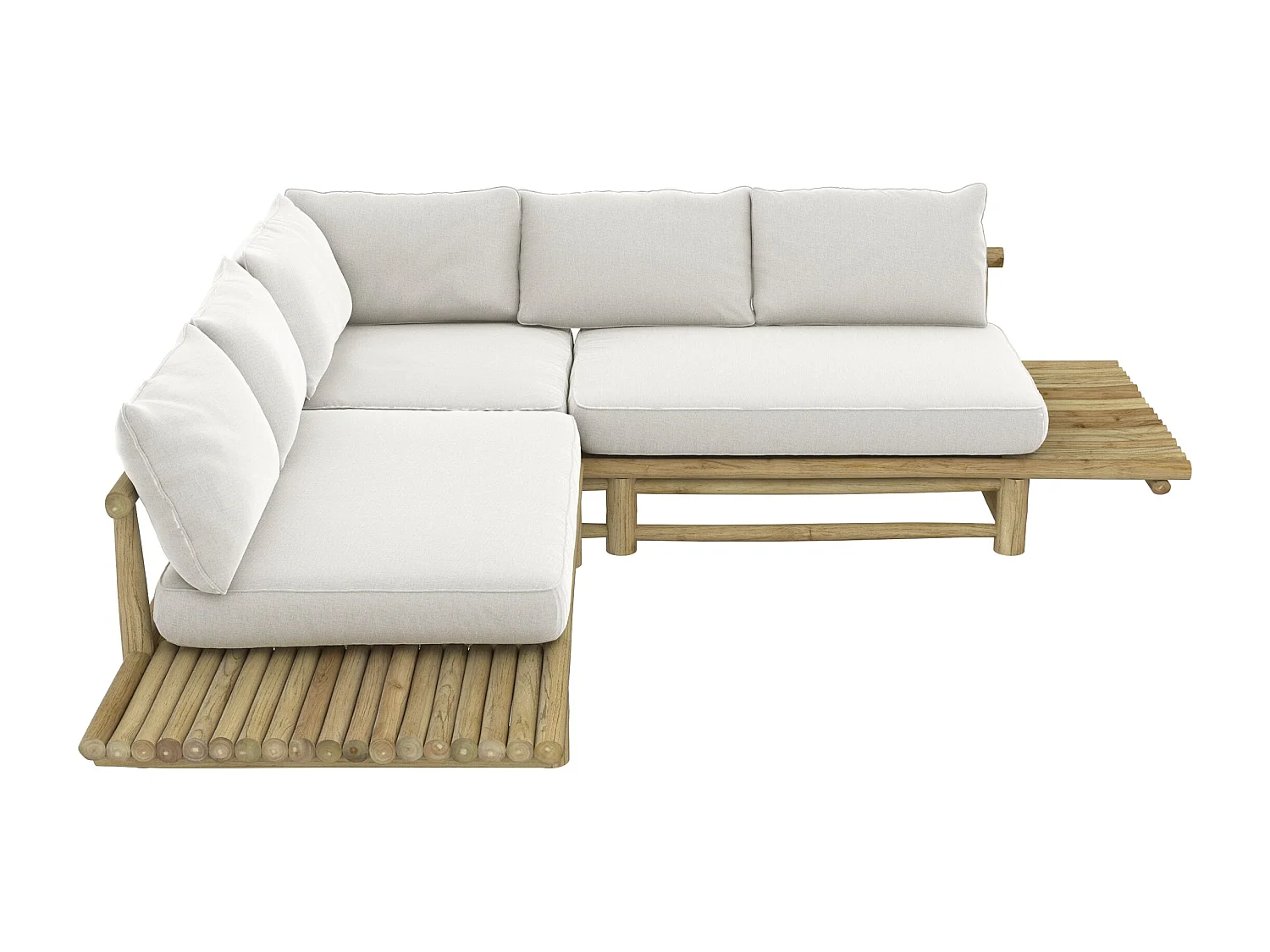 Divano angolare da giardino 4 posti in teak e cuscini bianchi - Sunny