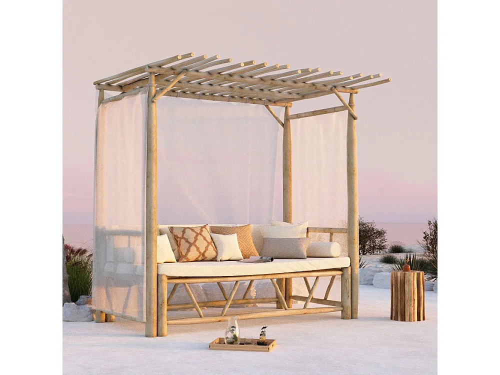 Letto a baldacchino da esterno in ramo di teak e tela - Tika