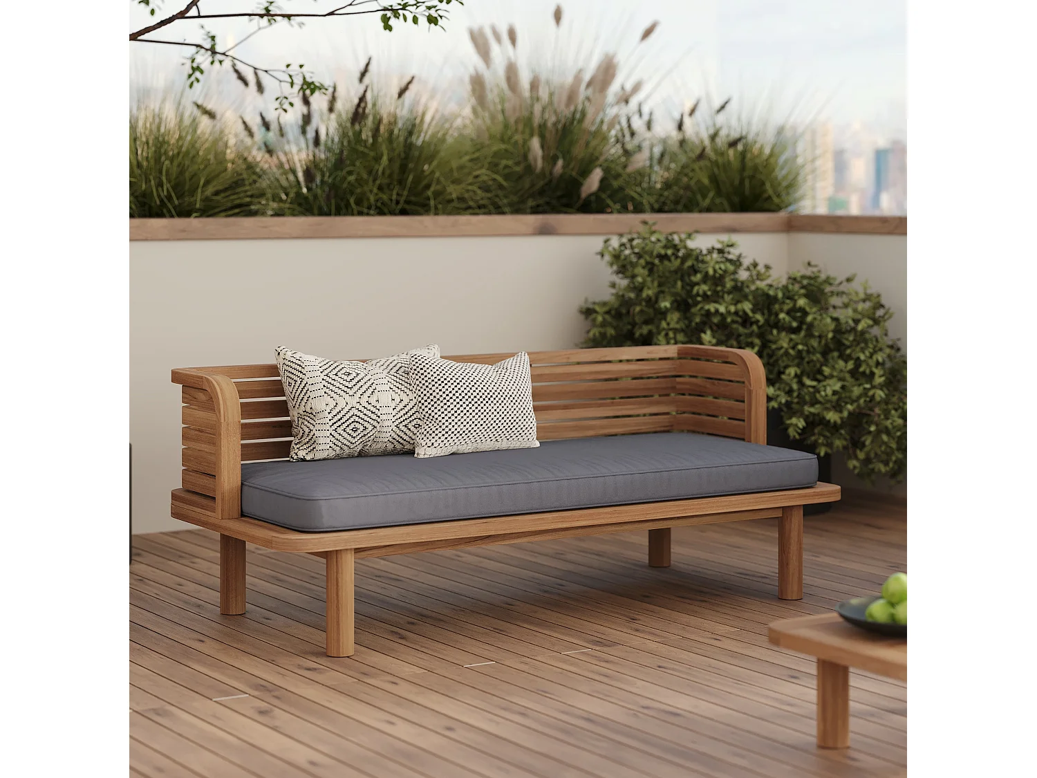 Banquette de jardin 2 places en teck et coussin gris - Kilda
