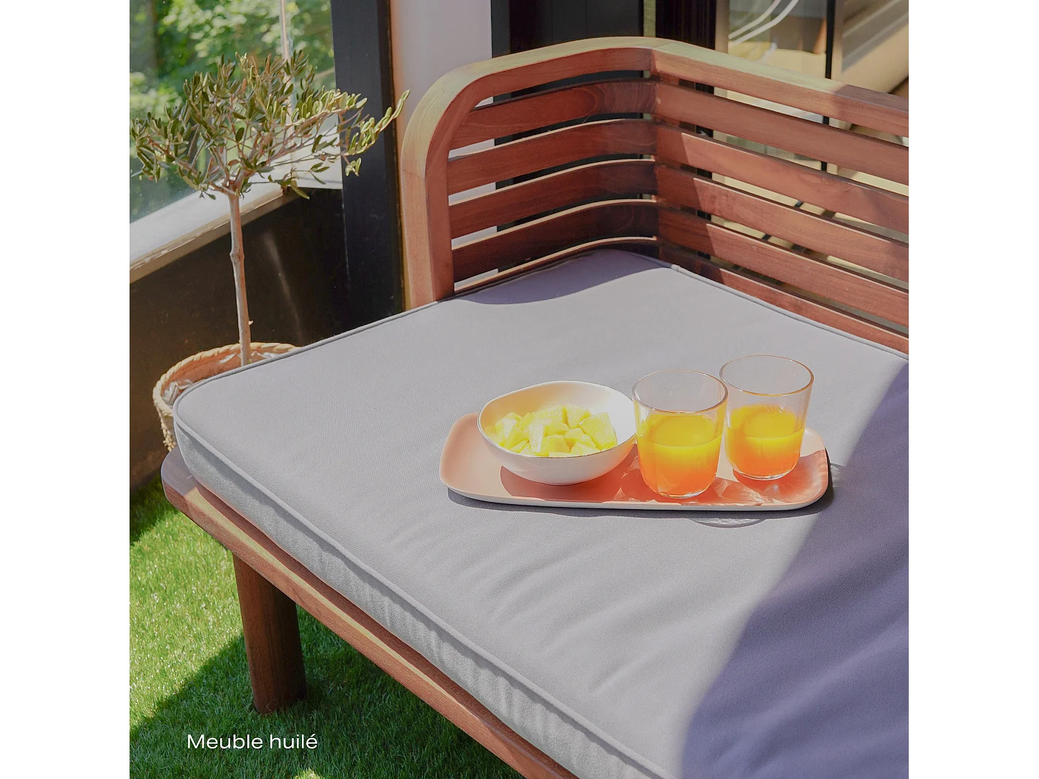 Banquette de jardin 2 places en teck et coussin gris - Kilda