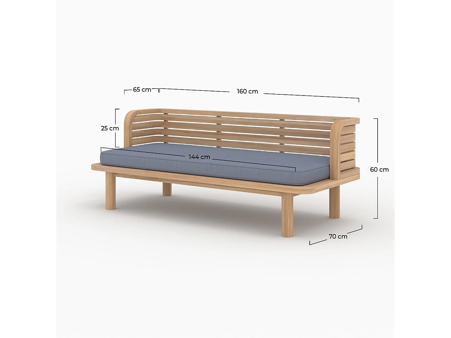 Banquette de jardin 2 places en teck et coussin gris - Kilda