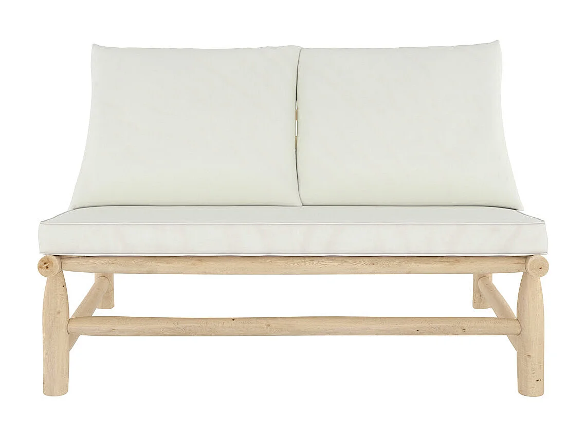 Banquette de jardin 2 places en teck et coussins blanc cassé - Makam