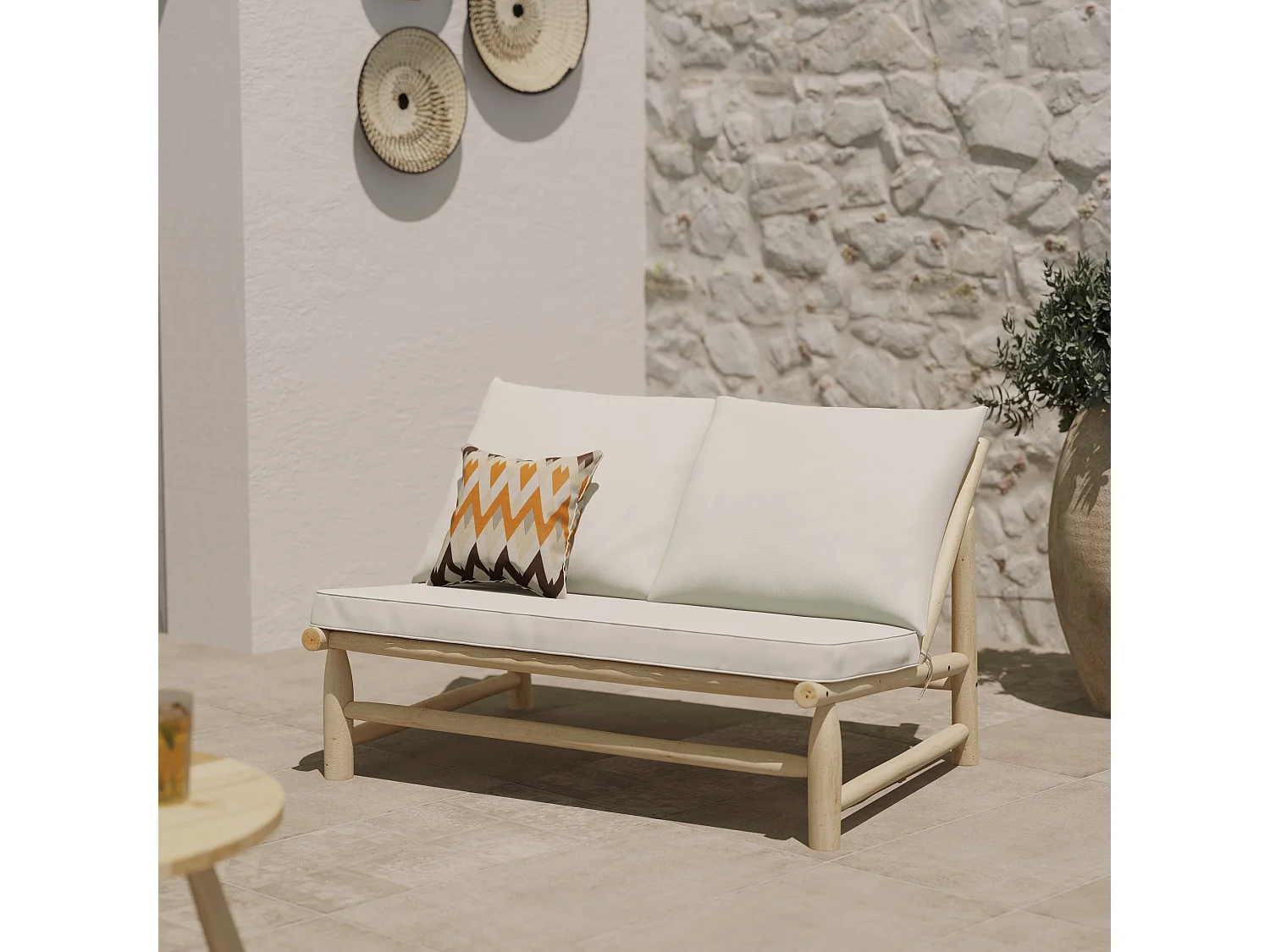 Banquette de jardin 2 places en teck et coussins blanc cassé - Makam