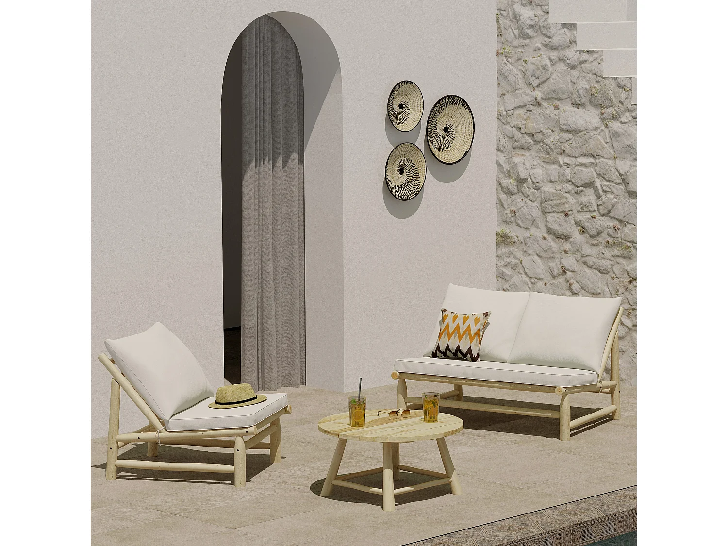 Banquette de jardin 2 places en teck et coussins blanc cassé - Makam