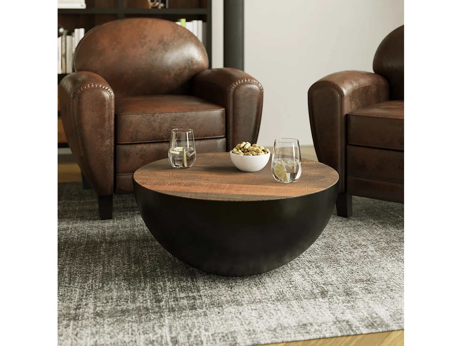 Mesa de centro redonda de 70cm en madera maciza y metal - Tajy