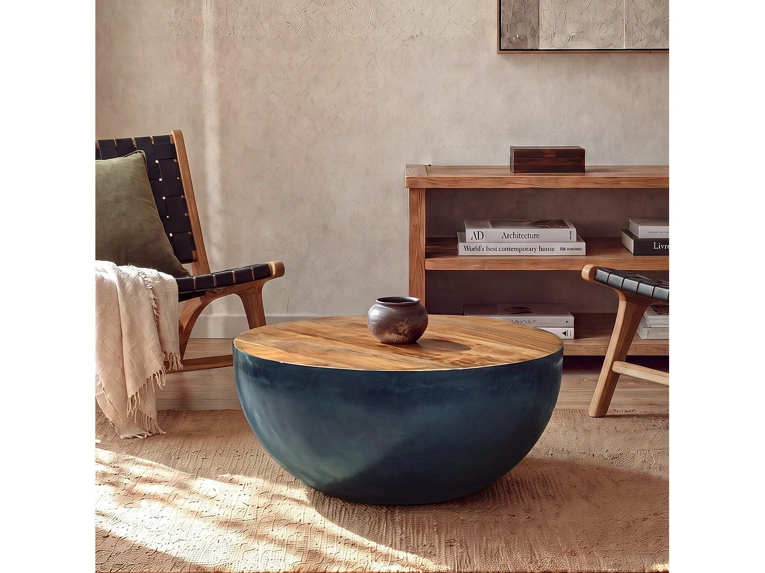 Tavolino rotondo in legno massello e metallo D70 cm - Tajy
