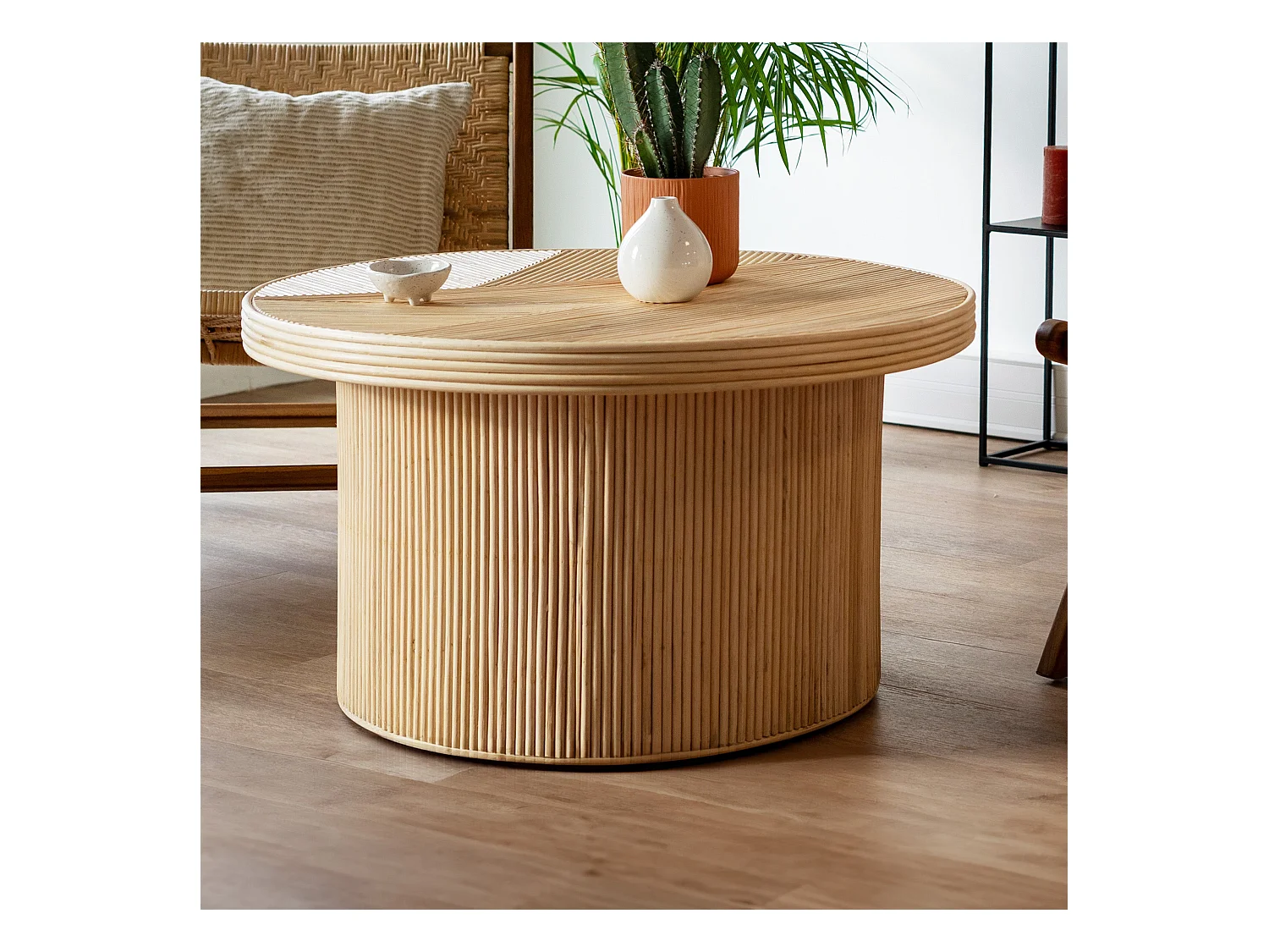 Table basse ronde D80 cm en rotin naturel - Hélène