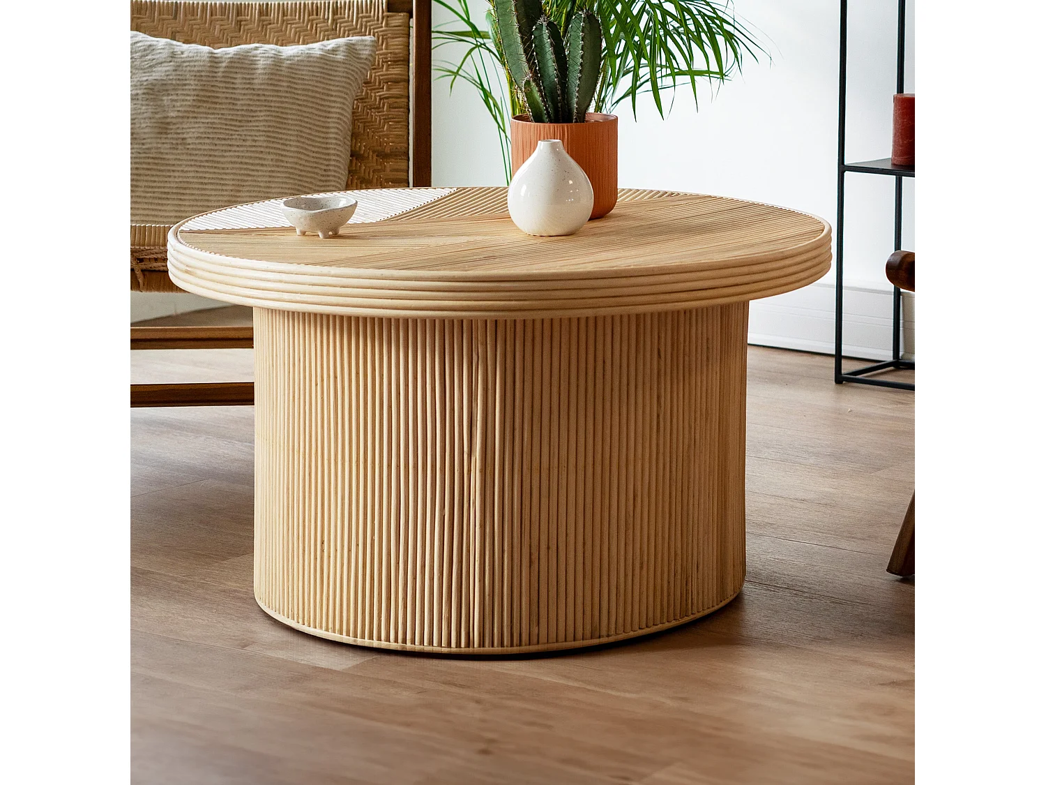 Table basse ronde D80 cm en rotin naturel - Hélène