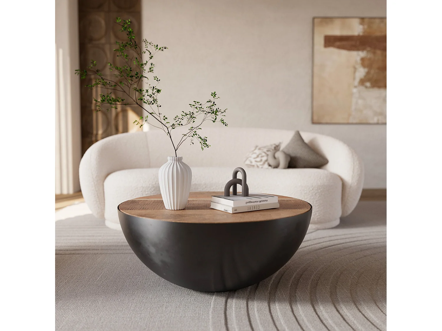 Table basse ronde en bois massif et métal D90 cm - Tajy