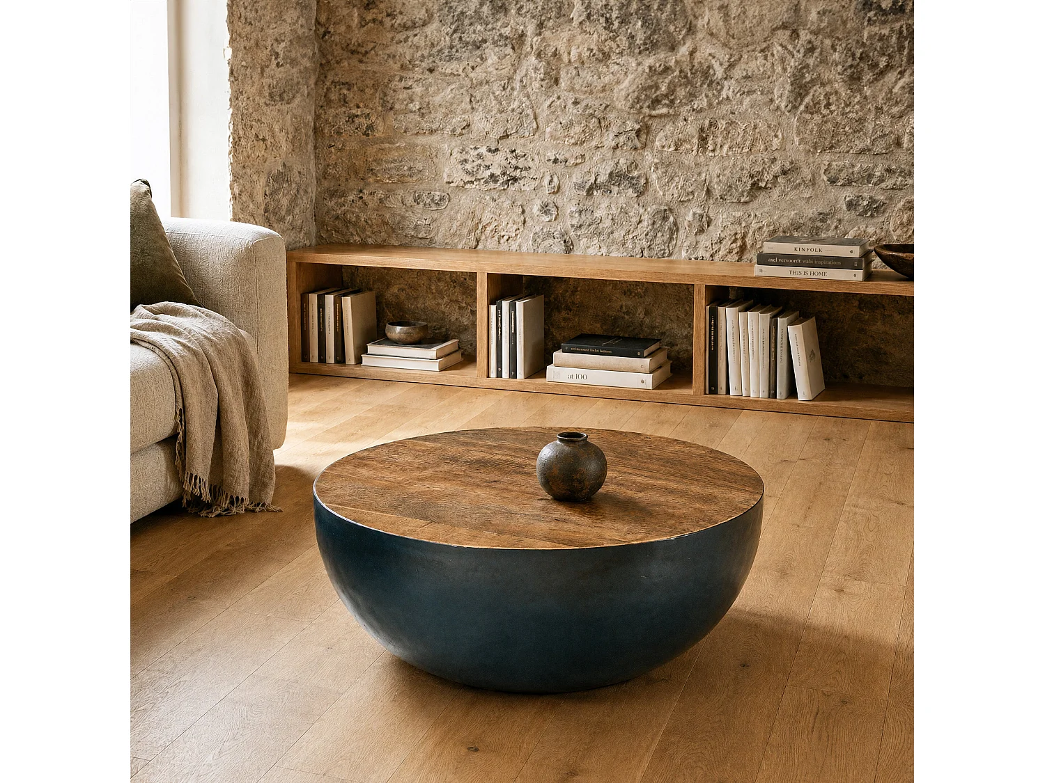 Mesa de centro redonda de 90cm en madera maciza y metal - Tajy