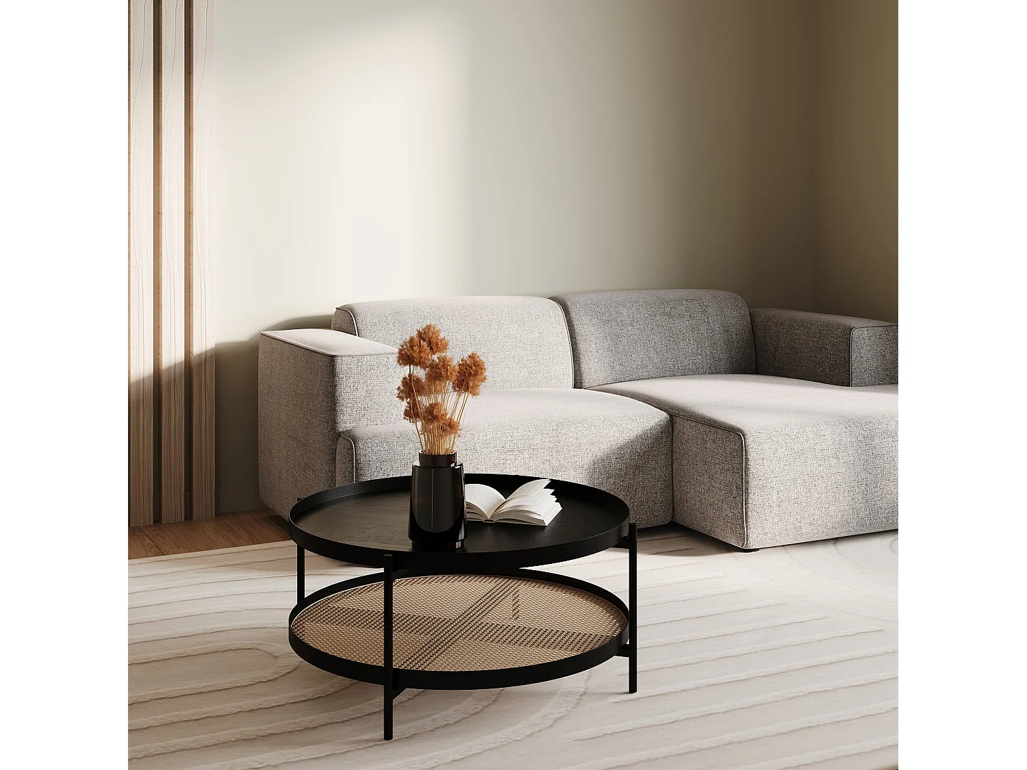 Mesa de centro de madera en mindi negra y caña D84 cm - Lukut