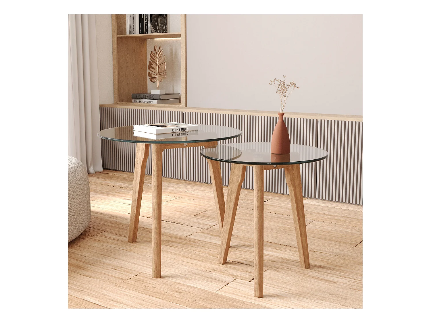 Tables basses rondes en verre et bois d'hévéa (lot de 2) - Vénus