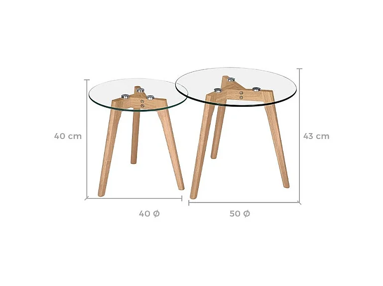 Tables basses rondes en verre et bois d'hévéa (lot de 2) - Vénus
