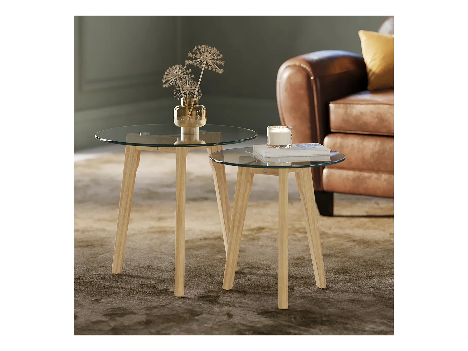 Tables basses rondes en verre et bois d'hévéa (lot de 2) - Vénus