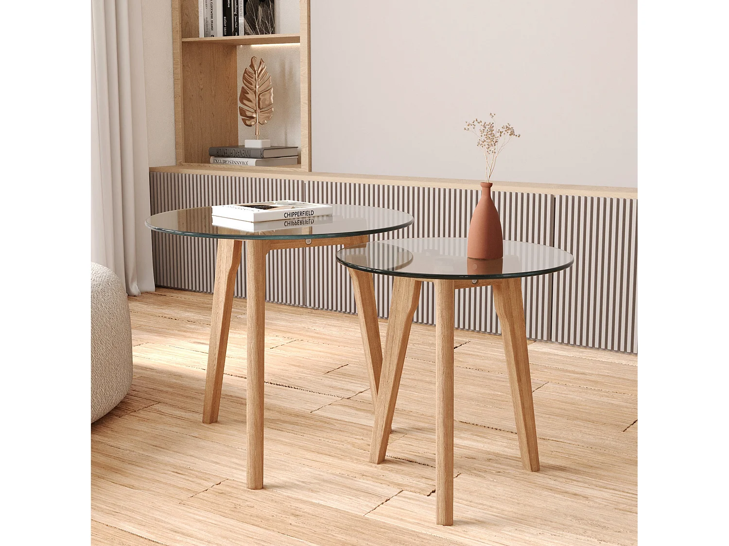 Mesas de centro redondas de cristal y madera de caucho (juego de 2) - Vénus