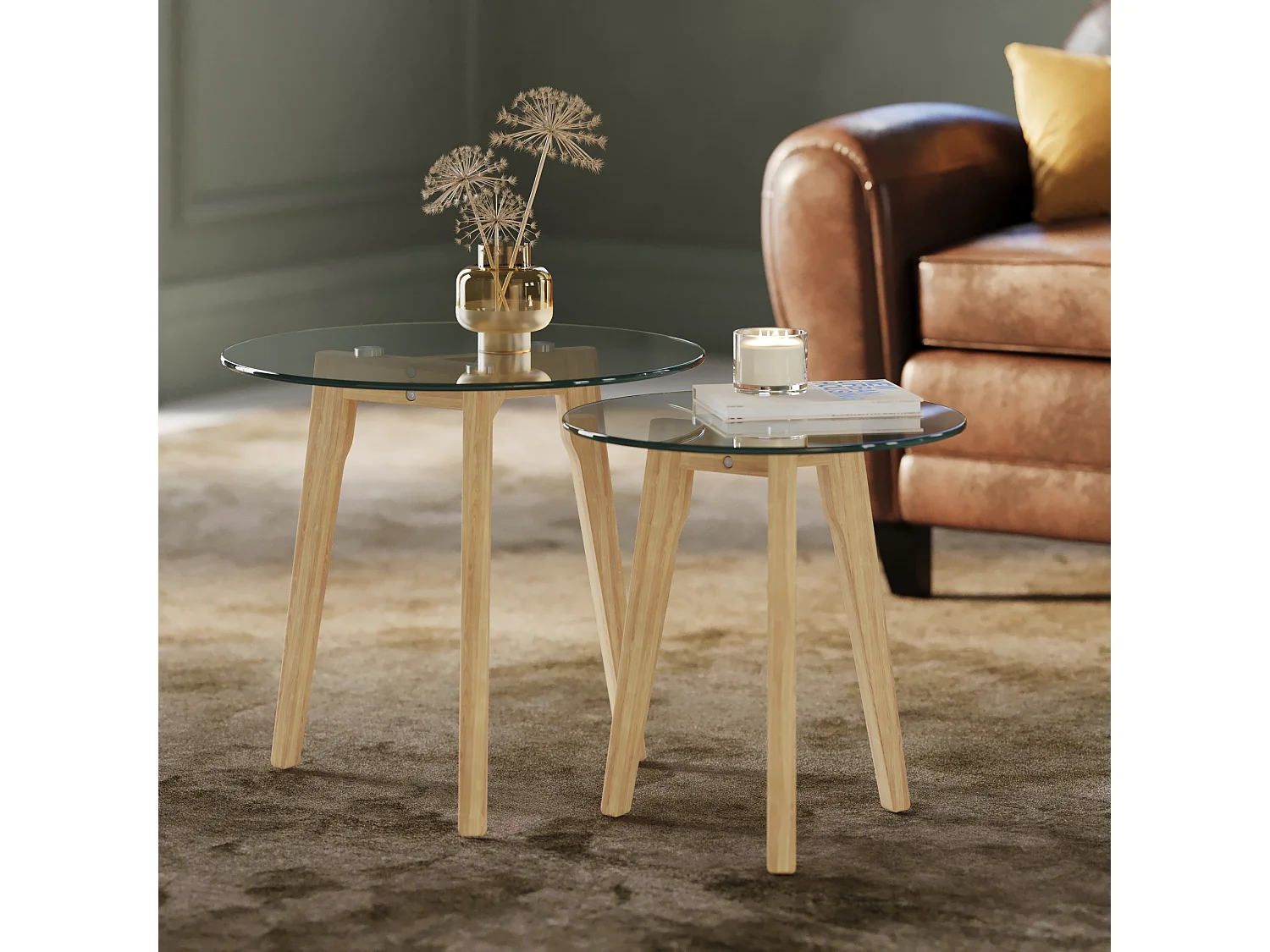 Mesas de centro redondas de cristal y madera de caucho (juego de 2) - Vénus