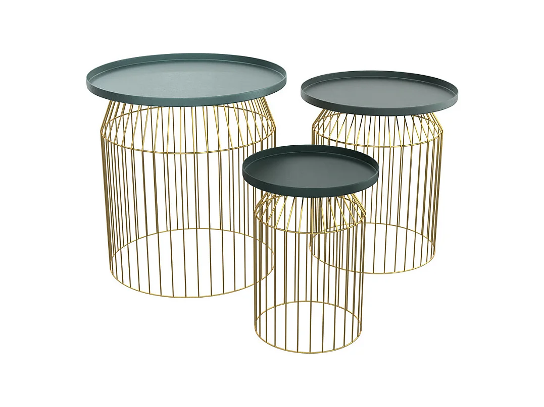Tables d'appoints rondes en métal bleu gris et laiton (lot de 3) - Palombe