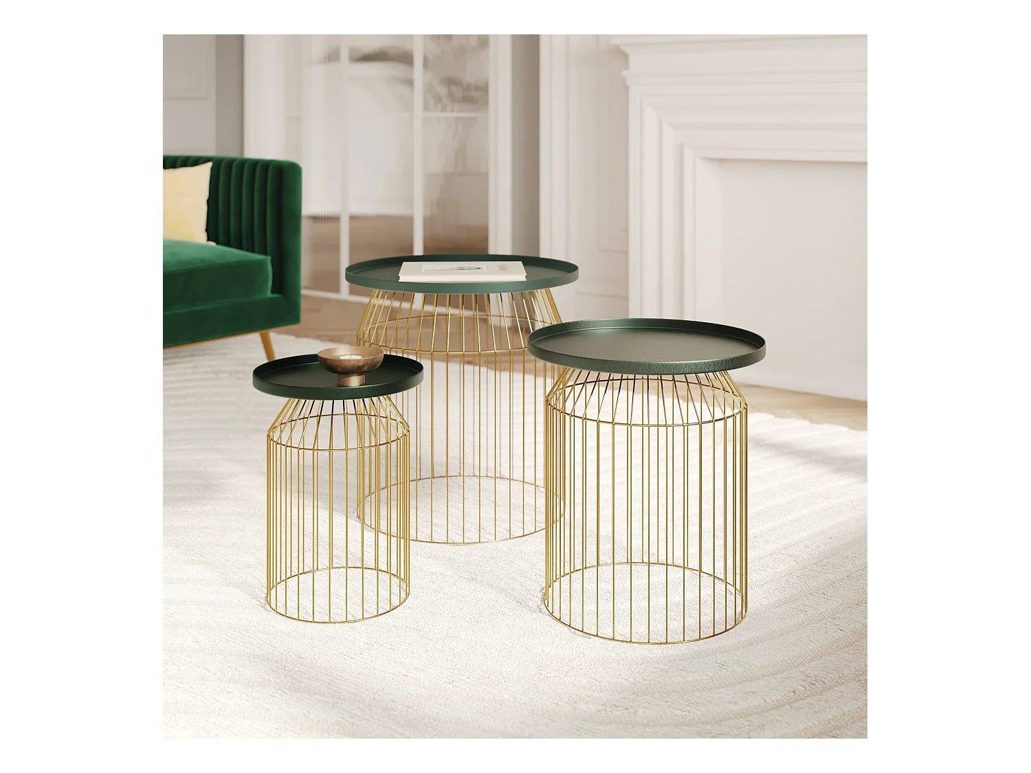 Tables d'appoints rondes en métal bleu gris et laiton (lot de 3) - Palombe