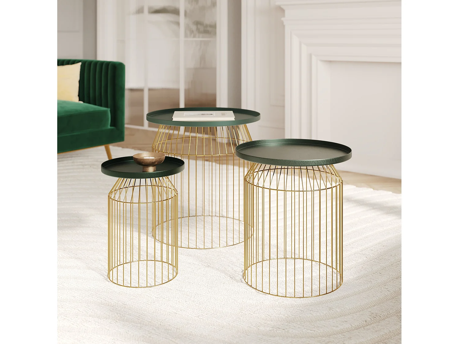 Tables d'appoints rondes en métal bleu gris et laiton (lot de 3) - Palombe