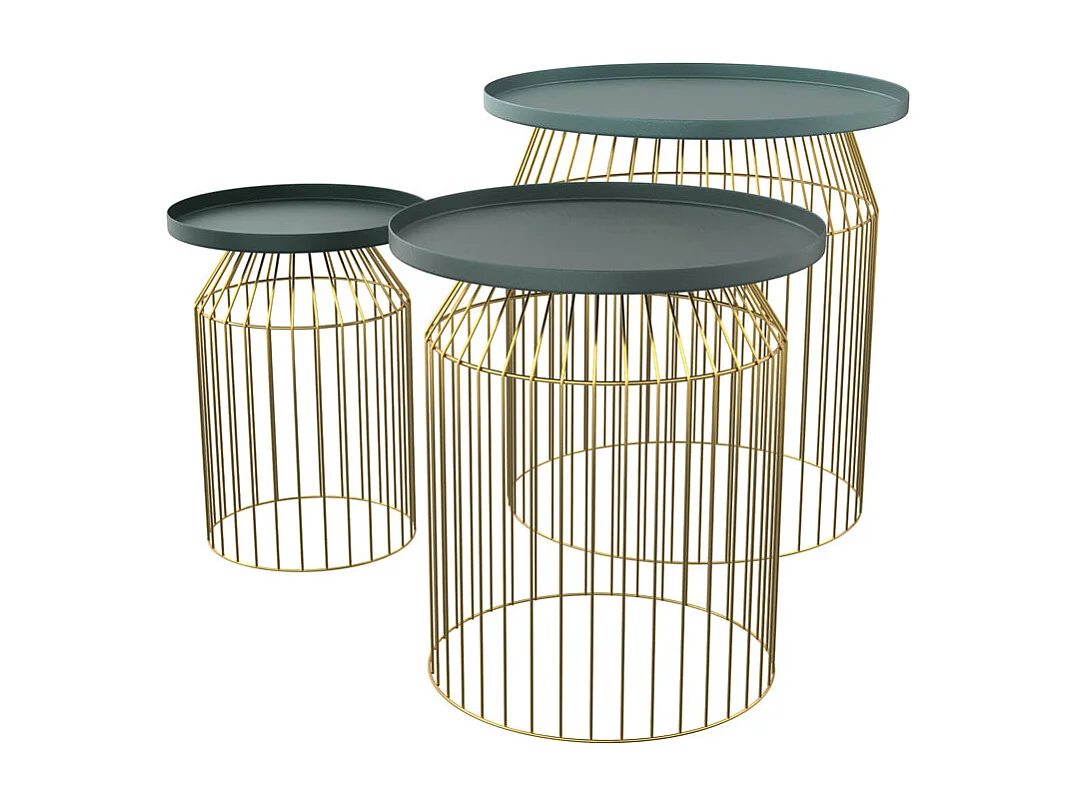 Tables d'appoints rondes en métal bleu gris et laiton (lot de 3) - Palombe
