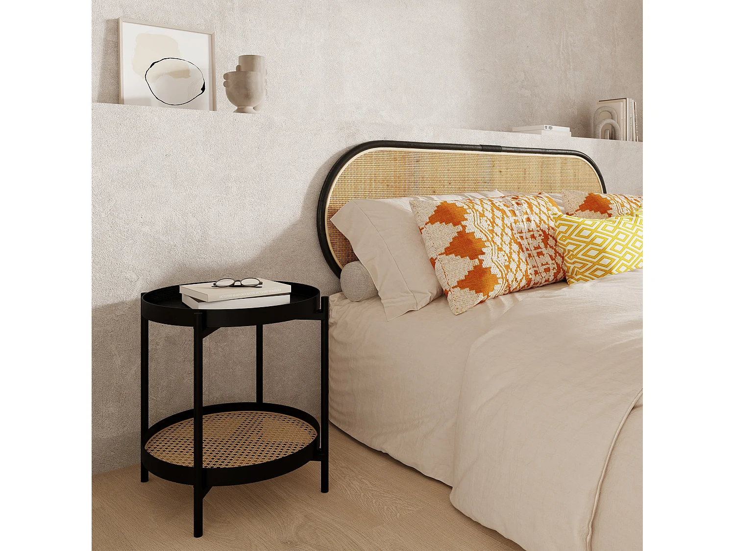 Mesa de centro de madera en mindi negra y caña D49 cm - Lukut