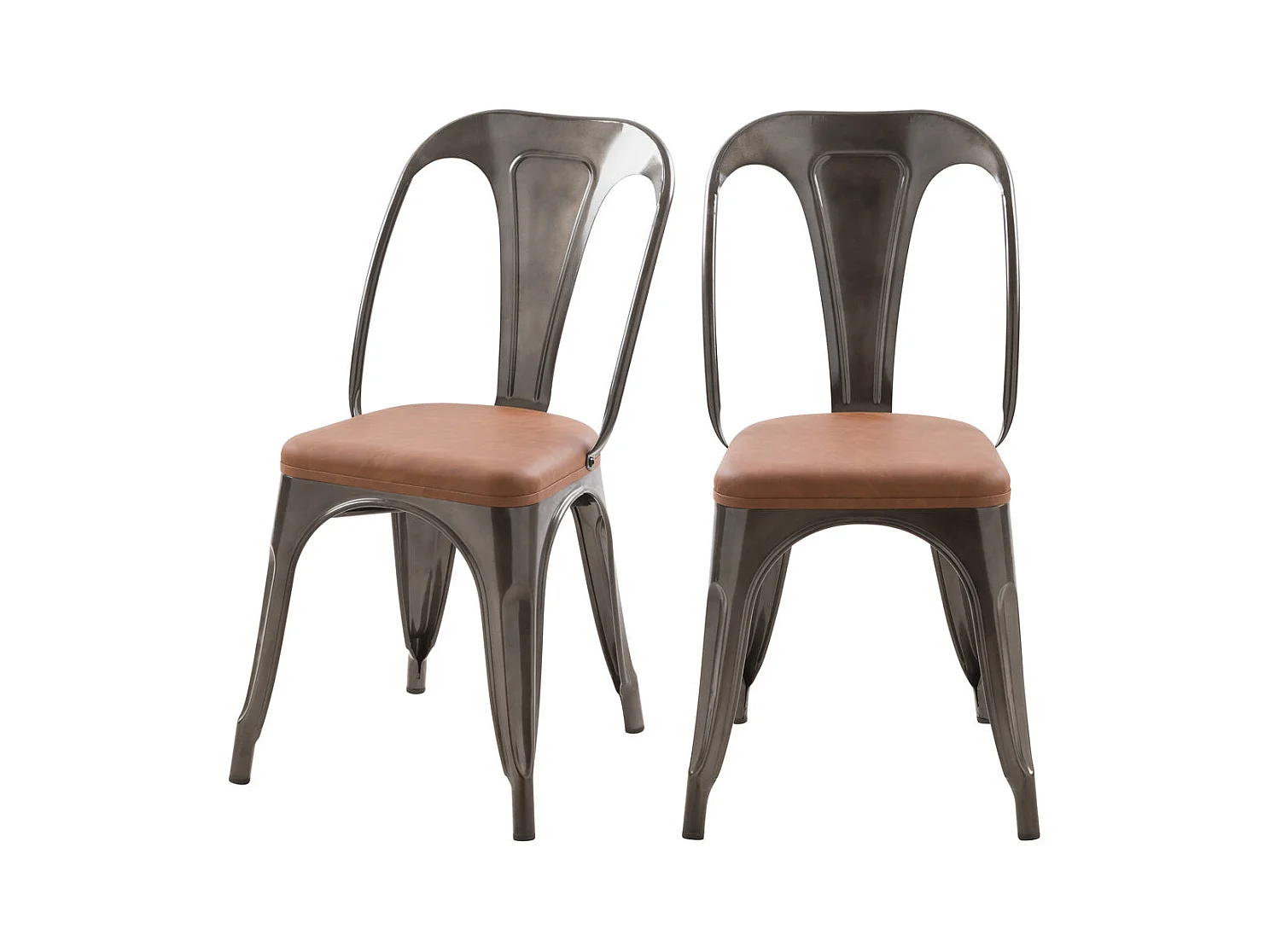 Lot de 2 chaises en métal gris et cuir synthétique marron - Charly